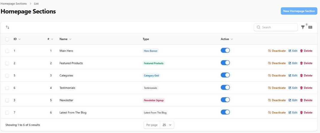 The homepage blocks, in the order they appear