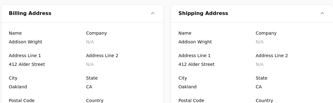 The addresses recorded on an order