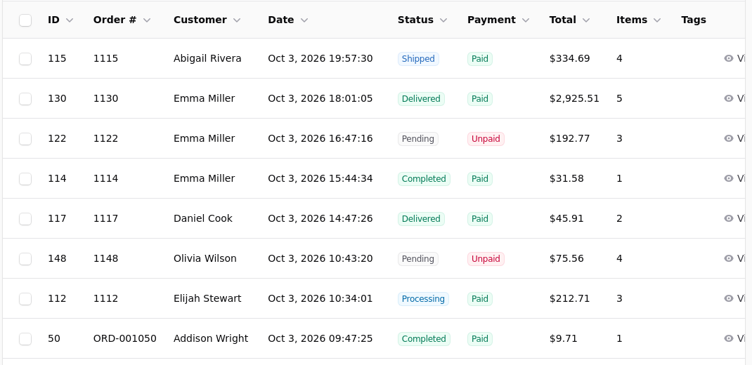 The order list, showing both statuses on every row