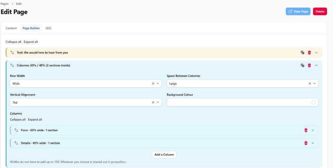 The Page Builder tab on a page